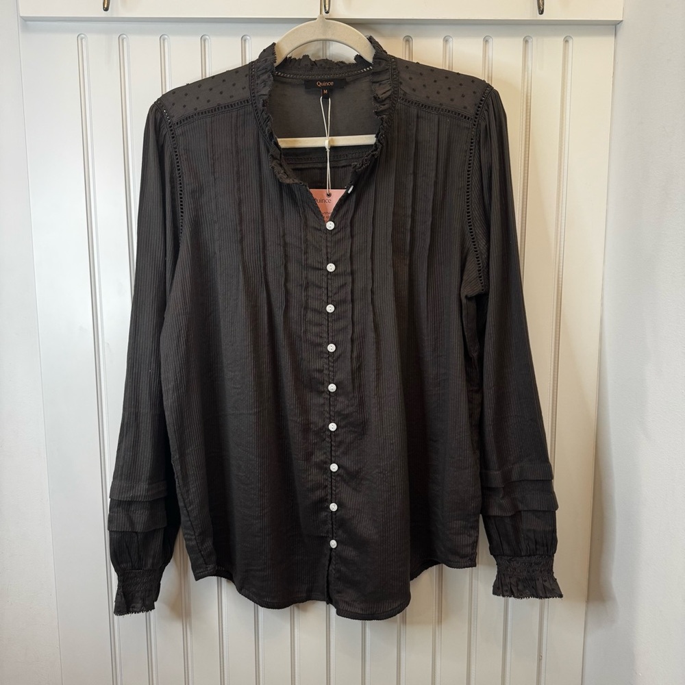 Quince Charcoal Pintuck Button-Down Cottagecore Blouse Ruffle Trim Cotton Sz Med - Picture 12 of 12